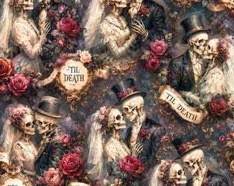 May include: A repeating pattern featuring skeletal figures dressed as a bride and groom, with the bride in a white lace gown and veil and the groom in a dark suit and top hat. The design includes red roses and banners with the text 'TIL DEATH'.