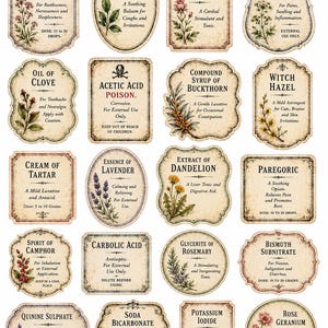 Może przedstawiać: Kolekcja etykiet aptecznych w stylu vintage z ilustracjami botanicznymi i tekstem. Etykiety zawierają nazwy takie jak "Tincture of Valerian", "Peru Balsam" i "Sweet Spirit of Nitre", z opisami ich zastosowań.