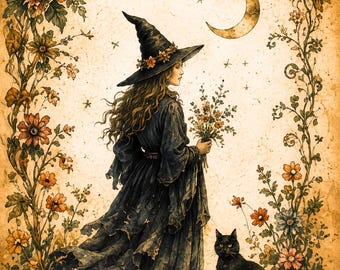 Vintage Halloween Witch Journal Kit | Storybook Ephemera, Botanical Pages (Physical Paper Pack)