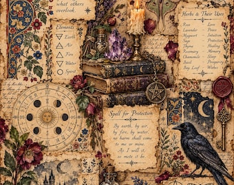 May include: A collage print featuring the text Witchcraft is the art of seeing what others overlook, a moon cycle, a sun, a moth, a candle, stacked books, a pentacle, a raven, glass bottles, herbs, and a Spell for Protection text.