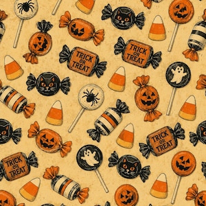 May include: A vintage-style Halloween pattern featuring various candies and lollipops. The design includes orange jack-o'-lanterns, black cat candies, striped candies, and lollipops with spider and ghost designs. Candy corn and "Trick or Treat" text are also present.