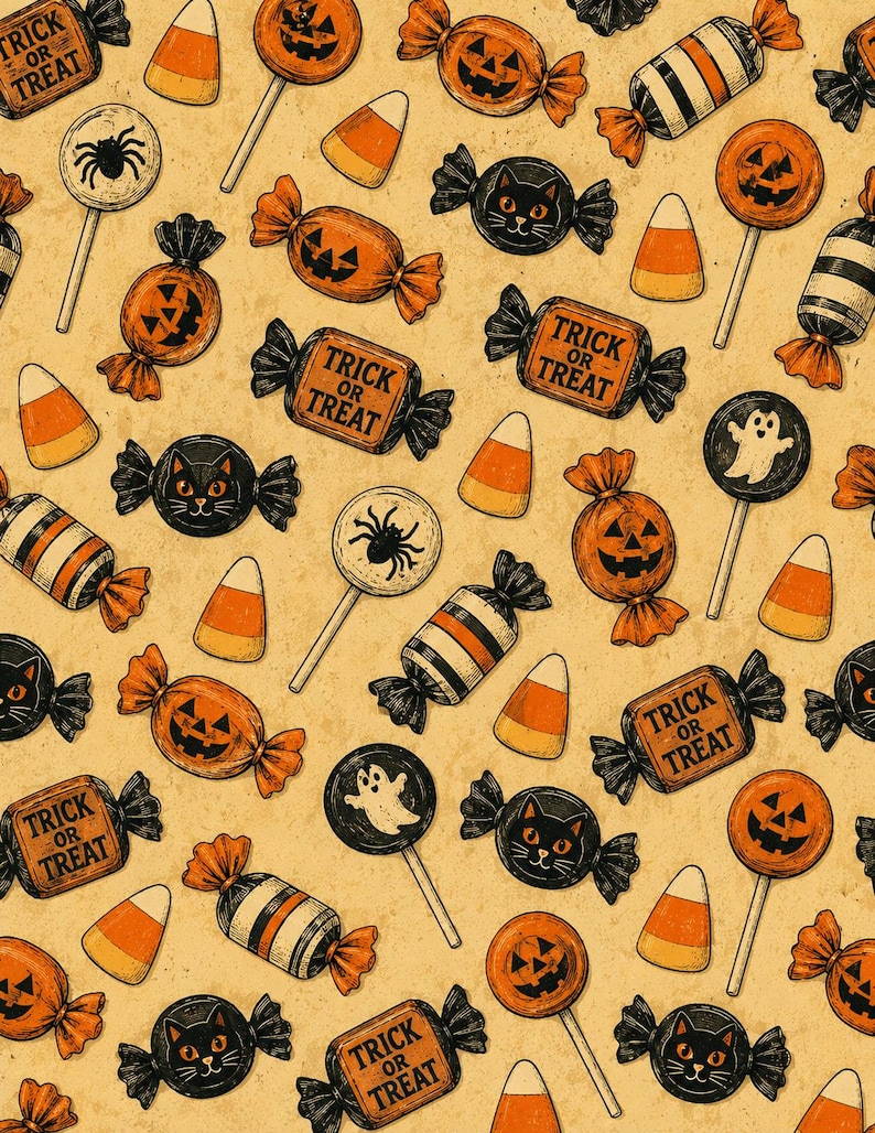 May include: A vintage-style Halloween pattern featuring various candies and lollipops. The design includes orange jack-o'-lanterns, black cat candies, striped candies, and lollipops with spider and ghost designs. Candy corn and "Trick or Treat" text are also present.