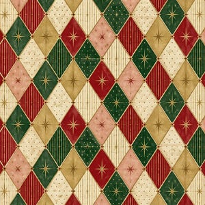 May include: A repeating diamond pattern featuring alternating colors of dark green, deep red, muted pink, and cream. Each diamond contains either a gold starburst, vertical pinstripes, or a subtle dotted texture, all outlined in thin gold lines.