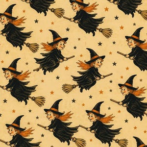 May include: A repeating pattern of cartoon witches flying on brooms. Each witch wears a black hat and dress, with orange hair and wings. The background is a light tan color with orange and black stars.