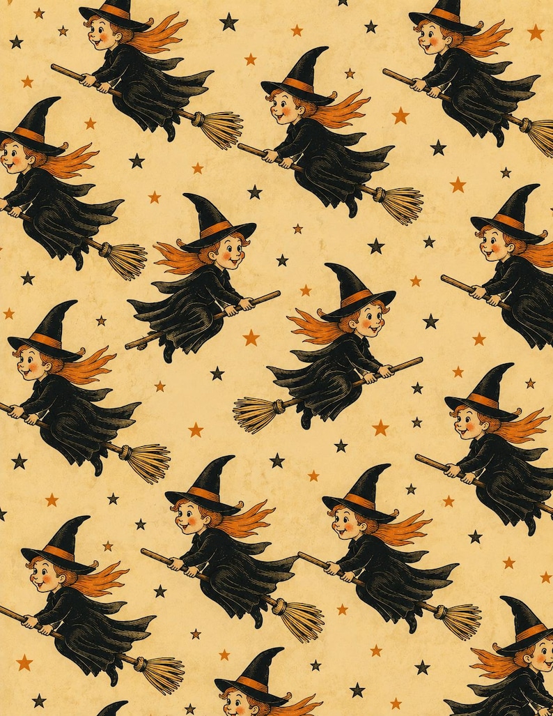 May include: A repeating pattern of cartoon witches flying on brooms. Each witch wears a black hat and dress, with orange hair and wings. The background is a light tan color with orange and black stars.