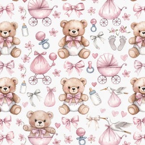 Peut inclure: Motif répétitif d'illustrations à l'aquarelle avec des ours en peluche, des poussettes, des sucettes, des biberons, des nœuds, des cœurs, des fleurs, des empreintes de pas de bébé et des cigognes portant des paquets. La palette de couleurs est douce, rose, marron et blanc.