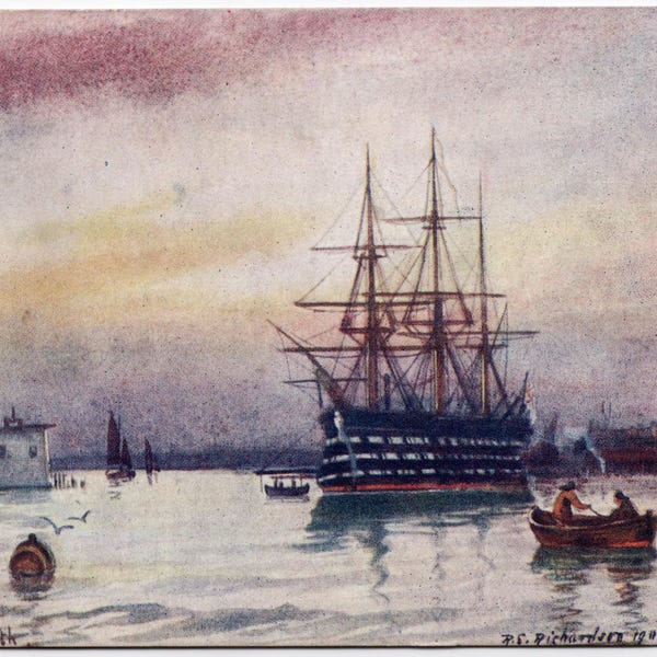 Antique St Vincent Portsmouth HMS Victory Postcard Naval Warship Maritime Art