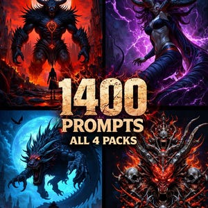 May include: Digital art collection featuring four dark fantasy illustrations. The top text reads "THE COMPLETE DARK ART COLLECTION" and the bottom text reads "1400 PROMPTS ALL 4 PACKS". The images include a horned demon, a female demon, a dragon, and a skull-themed artwork.