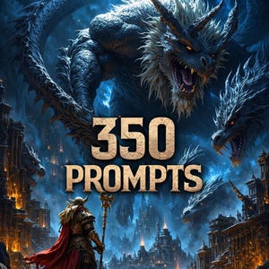 May include: Digital art featuring a dark fantasy theme with a large dragon and a warrior figure. The text reads "DARK FANTASY MYTHOLOGY" and "350 PROMPTS". The image includes the text "COMIC ARTIST JASON CRAIG | FREDBY VS JASON VS ASH • WOLVERINE • EVIL ERNIE" and "AI ART PROMPT PACK | DIGITAL DOWNLOAD".