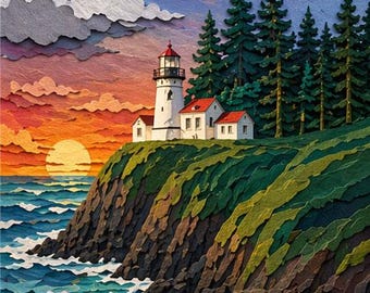 Heceta Head Lighthouse Oregon Art Print, Coastal Sunset Wall Art (PDF Download)