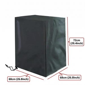 May include: A black outdoor cover, 72 inches (28.4 inches) tall and 26.8 inches (68 cm) wide, protects items from the elements. It has a drawstring closure and is designed to fit over a square object.