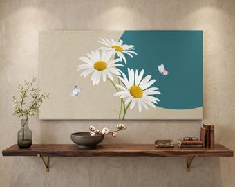 Daisy Floral Canvas Print, Boho Wall Art, Butterfly Decor, Modern Home Styling