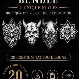 Könnte beinhalten: Schwarzer Hintergrund mit goldenem Text und Illustrationen. Das Bild bewirbt ein Tattoo-Bundle mit 20 Designs in 4 einzigartigen Stilen. Enthält hochwertige PNG-Dateien zum sofortigen Download. Tattoo-Designs: Eule, Schädel, Dämon und Blumenmandala.