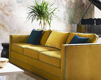 Yellow Velvet Sofa Cover with Blue Piping, Custom Sizes Shapes, Replacement