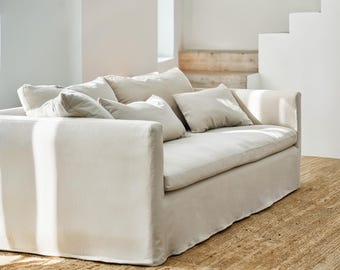 Beige Linen Sofa Slipcover, Custom Sizes Shapes, Replacement, Cushion Covers, Washable