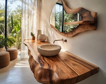 Solid Wood Live Edge Floating Vanity: Sculptural Bathroom Shelf, Rustic Handmade Counter