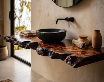 Tocador de baño de madera maciza con borde natural: Lavabo de baño de madera maciza tallado a mano