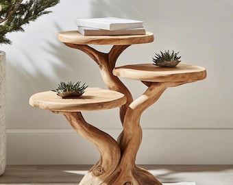 Mesa auxiliar con estante en forma de árbol, mesa auxiliar escalonada de madera maciza, soporte de exhibición de ramas orgánicas