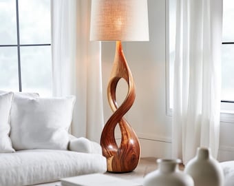 Massief houten spiraalvormige vloerlamp: organische moderne sculpturale verlichting, woonkameraccent
