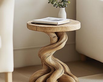 Mesa auxiliar moderna orgánica de madera retorcida: mueble auxiliar escultural de madera maciza.