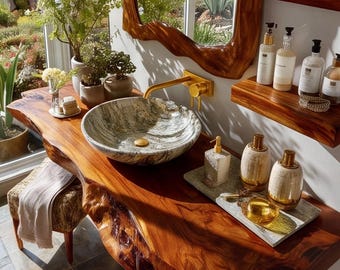 Live Edge Solid Wood Floating Bathroom Vanity – Rustic Natural Slab Counter