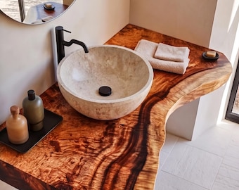 Bathroom Vanity Live Edge Solid Wood Floating Sink Counter Rustic Modern Vanity