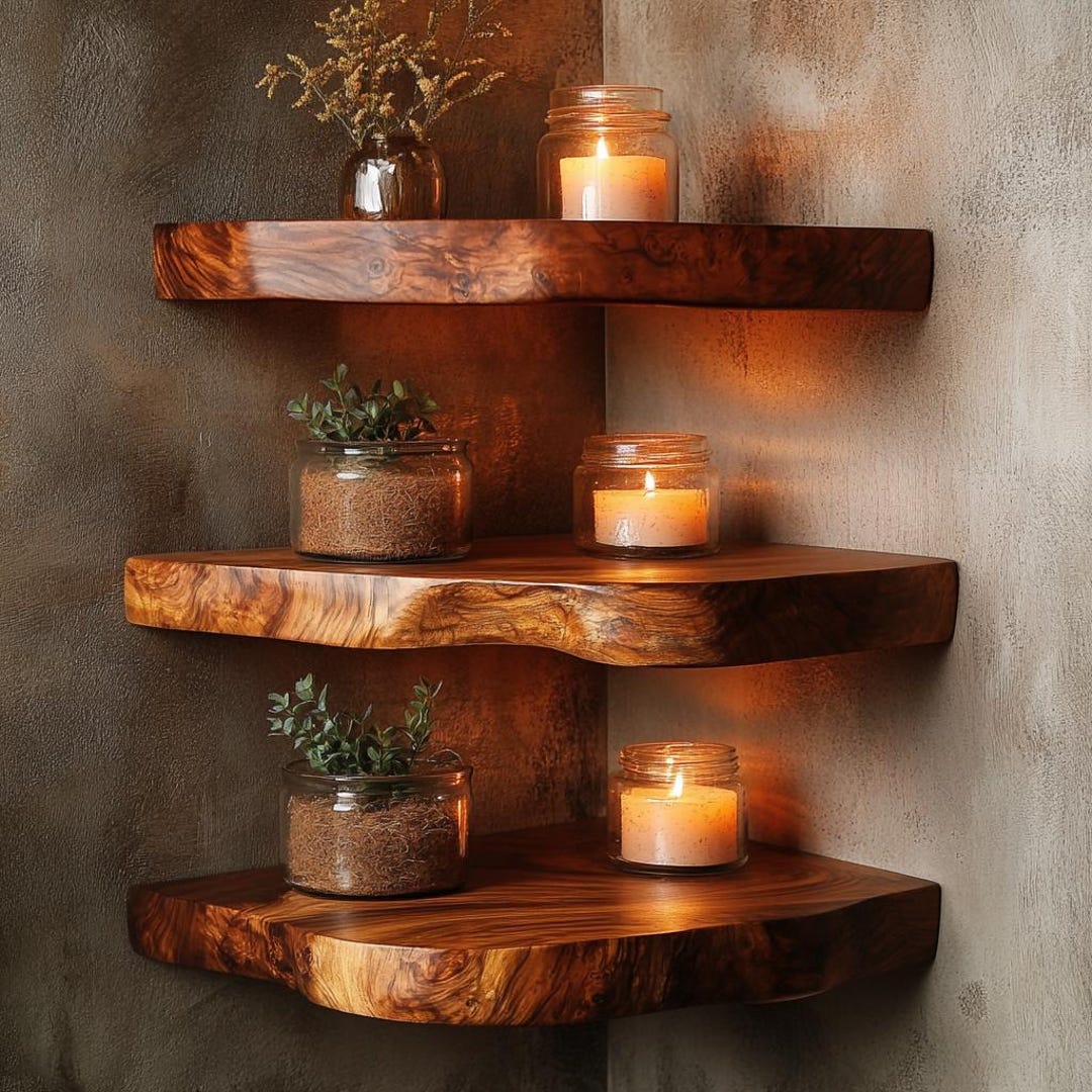Live Edge Solid Wood Corner Shelf – Rustic Floating Wall Storage (set ...