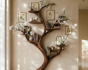 Estantería de pared con forma de árbol, de madera maciza, con diseño de ramas y flores.