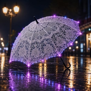 May include: A white lace umbrella featuring a delicate floral pattern and integrated purple LED lights along the ribs and edges. The umbrella has a black handle and a black central shaft, standing upright on a wet, reflective surface at night.