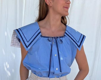 Women's Summer Upcycled Sleeveless Button Up Top Tie Front Large Collar Trim