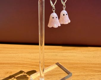 Handmade Opal Ghost Earrings, Resin Coating, Polymer Clay with 925 Sterling Silver Hinge Clasp