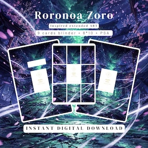 Peut inclure: Illustration numérique représentant Roronoa Zoro avec le texte Roronoa Zoro, Inspired extended ART, 9 cards blinder + 8*10 + PSA, et INSTANT DIGITAL DOWNLOAD. L'image montre une scène sombre et atmosphérique avec une lumière verte et des cerisiers.