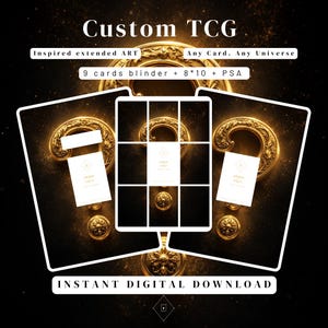 Peut inclure: Un graphique numérique pour cartes TCG personnalisées avec le texte Custom TCG, Inspired extended ART, Any Card. Any Universe, 9 cards blinder + 8*10 + PSA, et INSTANT DIGITAL DOWNLOAD. Le design présente des modèles de cartes blancs sur fond noir avec des accents de points d'interrogation dorés ornés.