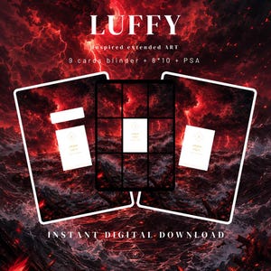 Peut inclure: Illustration numérique intitulée LUFFY Inspired extended ART sur fond de mer rouge orageuse avec éclairs. Le design inclut une grille de 9 cartes, des emplacements 8x10 et des étiquettes PSA. Texte : LUFFY, Inspired extended ART, 9 cards blinder + 8*10 + PSA, INSTANT DIGITAL DOWNLOAD.