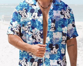 Camisa hawaiana de Mickey y sus amigos, camisa abotonada de Mickey y Minnie con estampado floral tropical, conjunto playero familiar estilo Aloha, atuendo para vacaciones de verano.