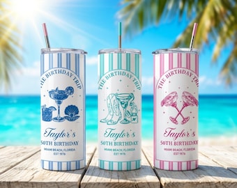 Personalized Birthday Skinny Tumbler 20oz, Custom Name Party Tumbler, Custom Beach Birthday Party Favor, Gift for Her, Pool Party Tumbler