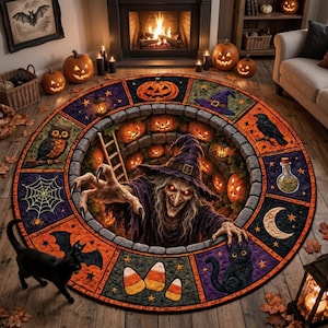 May include: A round area rug featuring a 3D-style illustration of a witch emerging from a stone well. The border is divided into panels displaying Halloween motifs including jack-o'-lanterns, a black cat, a spider web, a bat, and candy corn.