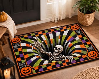 3D Skeleton Vortex Halloween Doormat, Optical Illusion Rug, Spooky Floor Mat, Haunted House Decor, Gothic Horror Entryway Rug, Fall Decor