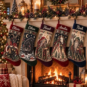 May include: Five Christmas stockings hanging in a row, each personalized with names Olivia, Ethan, Hazel, Amelia, and Noah. The stockings feature intricate woven designs including a horned figure, a black cat, a cloaked person, a horse skull, and a wizard.