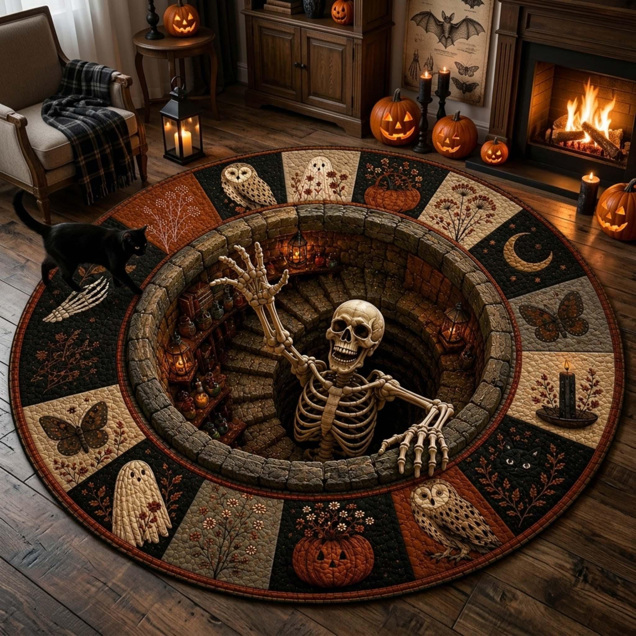 Patchwork Ghost Owl Black Cat Halloween Rug, Round Quilted Rug, Witchy Pumpkin Floor Decor, Gothic S