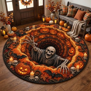 May include: A round area rug featuring a 3D optical illusion of a deep hole filled with carved jack-o'-lanterns, autumn leaves, bats, and skulls. A skeletal figure with outstretched arms emerges from the center, surrounded by lit pillar candles.