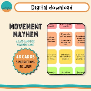 Puede incluir: Descarga digital de un juego de cartas y dados Movement Mayhem. El juego incluye 48 cartas e instrucciones. Las cartas tienen indicaciones coloridas como "Camina como tu personaje de pel&iacute;cula favorito" y "Finge que est&aacute;s en c&aacute;mara lenta durante 10 segundos."
