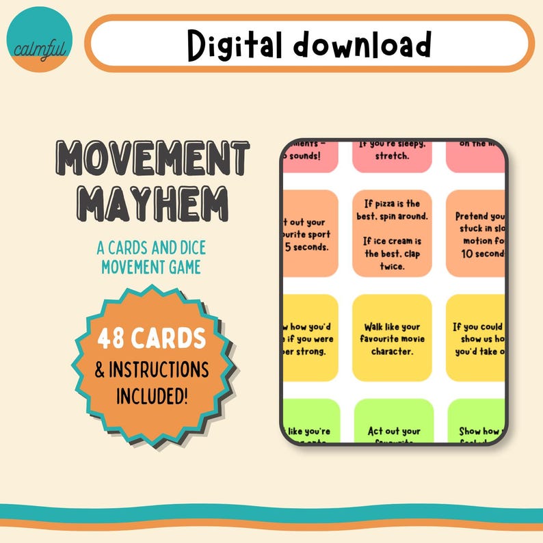 Puede incluir: Descarga digital de un juego de cartas y dados Movement Mayhem. El juego incluye 48 cartas e instrucciones. Las cartas tienen indicaciones coloridas como "Camina como tu personaje de pel&iacute;cula favorito" y "Finge que est&aacute;s en c&aacute;mara lenta durante 10 segundos."