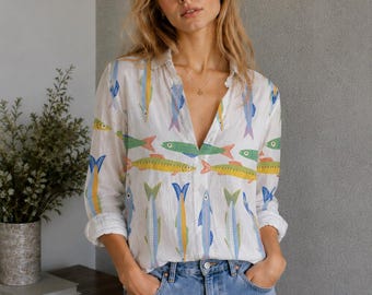 Colorful Fish Shirt Women, Ocean Print Beach Blouse, Summer Coastal Top, Lightweight Casual Linen Shirt, Vacation Resort Wear Outfit