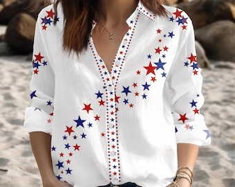 Camisa abotonada con la bandera de EE. UU. para mujer, blusa patriótica del 4 de julio, top de verano rojo, blanco y azul, regalo para el Día de la Independencia de Estados Unidos.