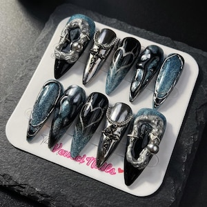 Gothic Ghostface Press On Nails | 3D Antique Silver Cross Nails | Cyberpunk Teal Blue Cat Eye NailSet