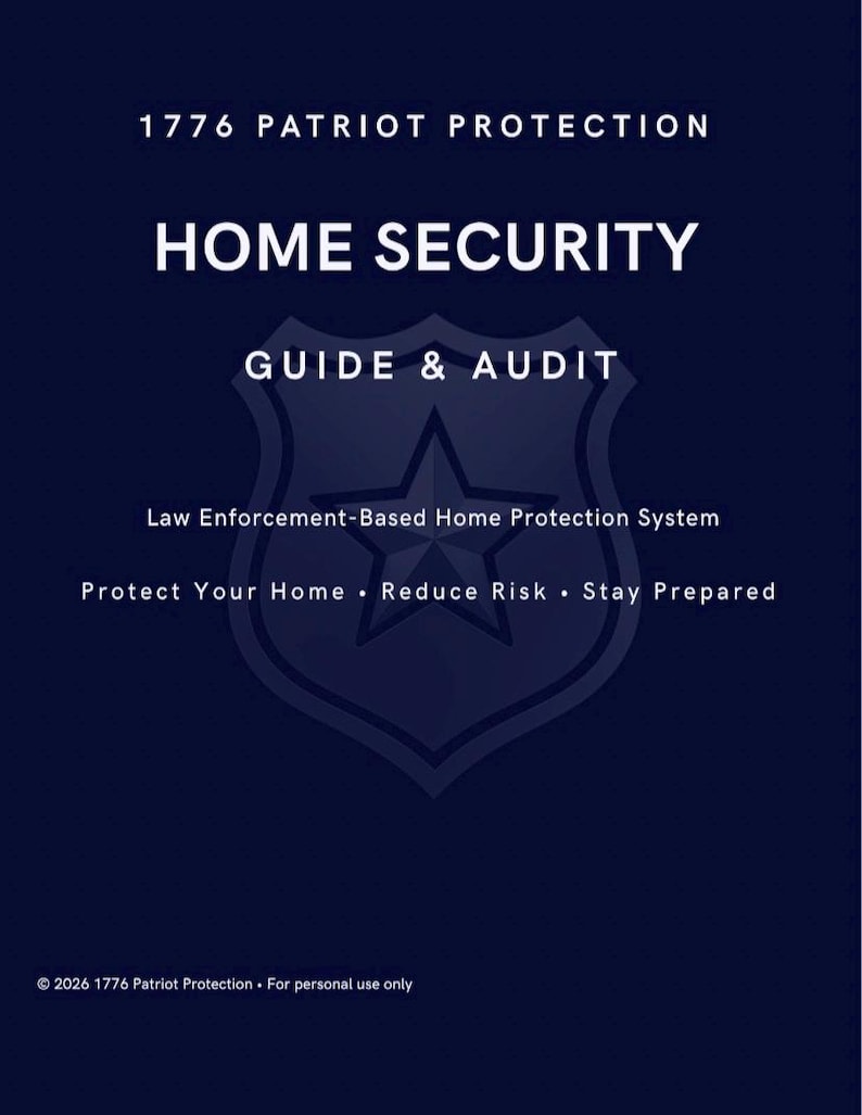 May include: A dark blue document cover titled 1776 PATRIOT PROTECTION HOME SECURITY GUIDE & AUDIT. It features a central shield icon with a star, the text Law Enforcement-Based Home Protection System, Protect Your Home, Reduce Risk, Stay Prepared.