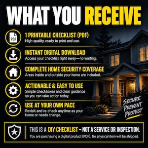 May include: A digital product information graphic titled WHAT YOU RECEIVE with yellow and white text on a black background. It lists features including a printable PDF checklist, instant download, home security coverage, and DIY instructions.