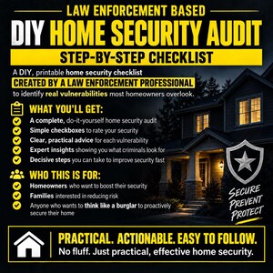 May include: A black and yellow informational graphic titled Law Enforcement Based DIY Home Security Audit Step-By-Step Checklist. It features text detailing a printable home security audit, including sections on what is included and who it is for.