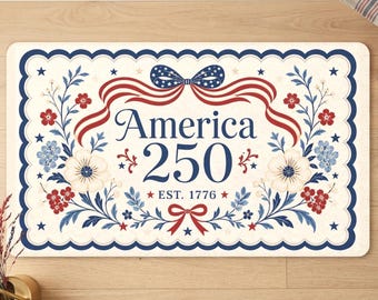 America 250 Doormat Coquette Bow Patriotic Fourth July Entrance Mat Polyester Vintage Cottage Porch Rug Grandmillennial Style Americana